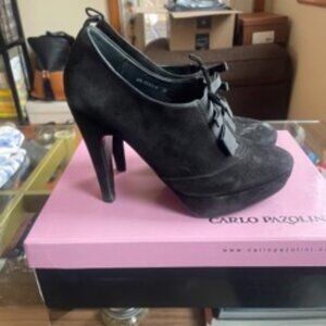 Carlo Panzolini Italian suede black slip on heeled booties with front detail
